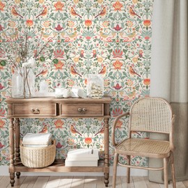 VEELIKE 17.7''x354'' Boho Bird Wallpaper Peel and Stick Vintage Strawberry Thief William Morris Wallpaper for Bedroom Removable Self Adhesive Floral Art Nouveau Wall Mural for Bathroom Living Room