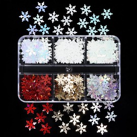 Christmas Nail Sequins 3D Snowflake Nail Art Glitters Flakes 6 Grids White Blue Gold Mixed Colors Snowflake Christmas Holographic Glitter for Women Girls Eye Face Body Nail DIY Craft Supplies