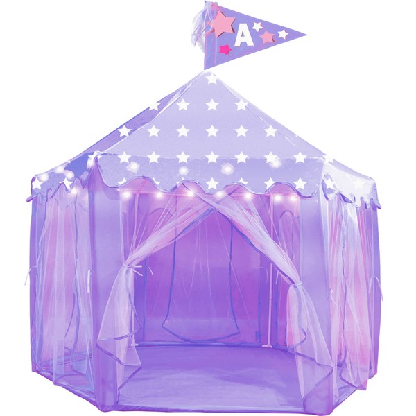 Hapinest Princess Pretend Play Tent Gifts Toys for Girls Ages 3 4 5 6 Years Old with Personalized Flag for Child's Initial, Purple