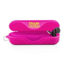 BiggieStraw Extra Wide Collapsible, Reusable Straw | Smoothies, Milkshakes, Boba, Bubble Tea | Travel Case, Cleaning Tool, Angled Tip | Easy Clean | BPA Free Silicone | Eco-Friendly | EELectric Pink
