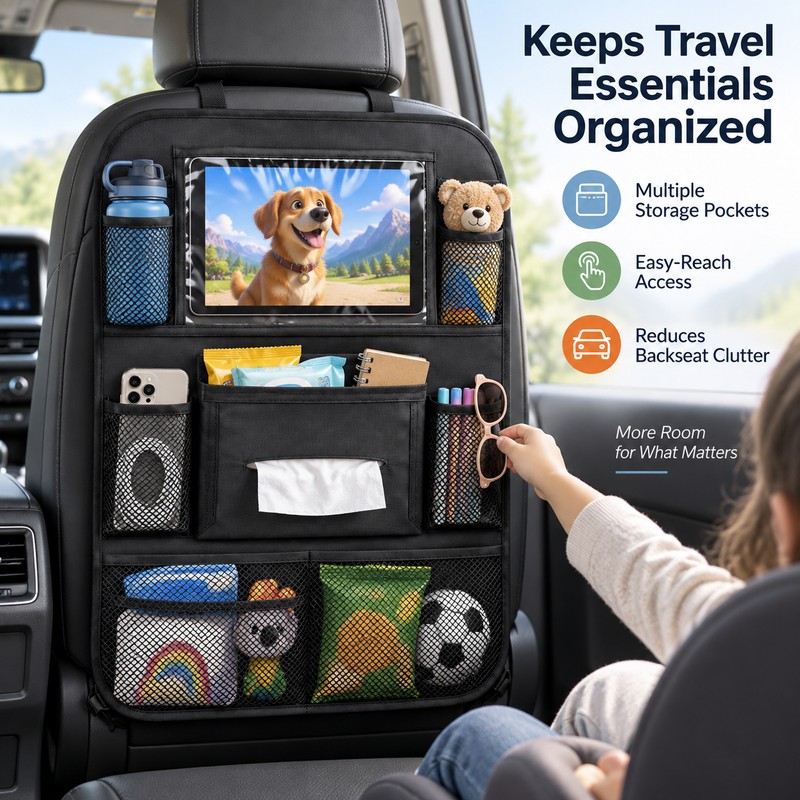 Car Backseat Organizer for Travel – Foldable Storage Pockets with