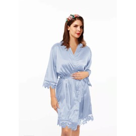 Y WJing Yi Jia Women's Kimono Robe Dressing Gown - Bridal Silk Satin Bathrobe Nightdress - Short Style Morning Robe With Lace Trim - One Size