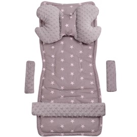 Medi Partners Universal Seat Cover for Pushchairs and Buggies, Seat Insert, Pushchair Seat Cover, Pushchair Set, Belt Pad plus Play Arch, MINKY Cotton, 5 Pieces, Stars with Grey Minky