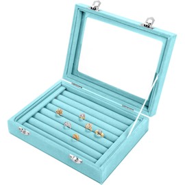 Basuwell Earring Storage 7 Slots Velvet Jewelry Tray for Drawers Glass Clear Lid Showcase Display Ring Organizer Earring Ring Trays Holder Cufflink Showcase (Light Blue)
