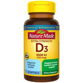 Nature Made Nature Made Extra Strength Vitamin D3 5000 IU (125 mcg), Dietary Supplement for Bone, Teeth, Muscle and Immune Health Support, 90 Softgels, 90 Day Supply