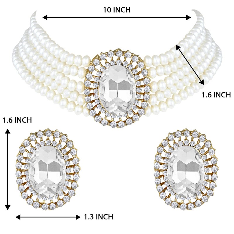 Aheli Kundan Pearl Choker Multi Layered Beaded Collar Aretes Set