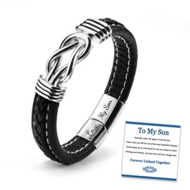 SUNSH Braided leather bracelet Forever Linked Together - Men's stainless steel braided leather bracelet with quote cuff 8 inch bracelet for son