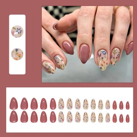 24Pcs Almond False Nails Short, French Tips Press on Nails Nude Pink Artificial Fake Nails Full Cover with Flowers Pattern, Ballerina Acrylic Glue on Nails Natural Stick on Nails for Women Girls