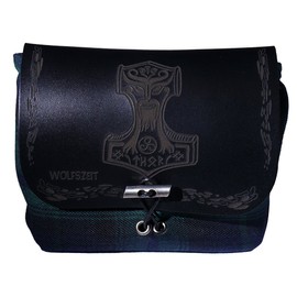 'Green Kilt Bag/Belt "Mjolnir Thor's Hammer Pendant with Black Leather and Engraving