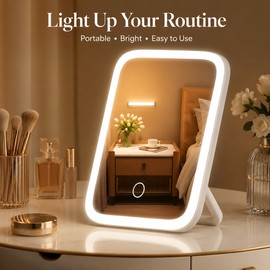 LED Makeup Mirror for Travel & Bedroom – 3-Color Dimmable Tabletop Vanity Mirror with 360° Rotation