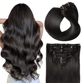SUYYA Clip-In Real Hair Extensions, Salon Remy Human Hair Extensions, Straight Straight Hair Extensions, Clip, Double Stitched, 16 Inches, 40 cm, 7 Pieces, 70 g, #1B Natural Black