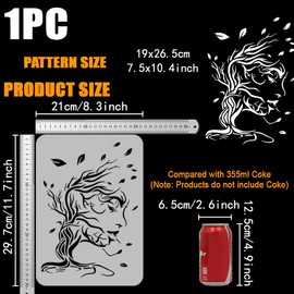 FINGERINSPIRE Tree Woman Painting Stencil 21x29.7cm Hollowed Trees Branches Leaves Stencil for Painting Plastic PET Woman Face Drawing Template Large Tree of Life Stencil for Painting on Wood