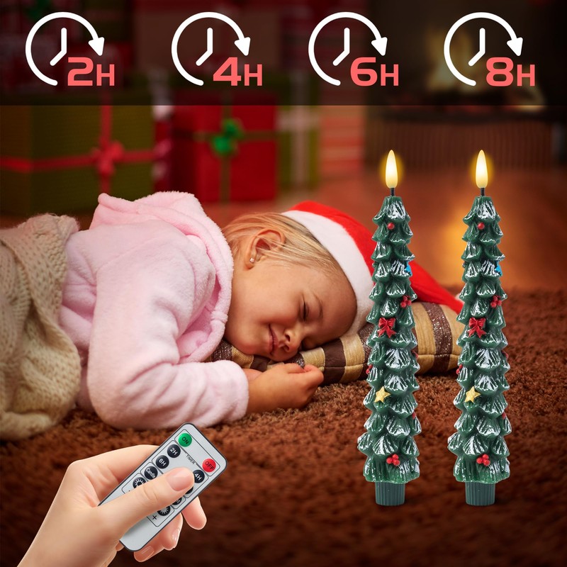 GQIRIL Christmas Tree Flameless Taper Candle - 4PCS Xmas Waxy