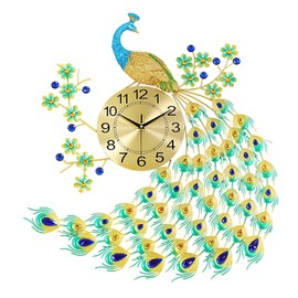 Wall Clocks for Living Room Decor Large Peacock Wall Clock Crystal Decor,3D Metal Creative Luxury Peacock Leaf Design,with Silent Movement Wall Clocks for Home Wall Decor Clock (27.56*25.59")