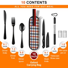 Portable Travel Utensils Set, Travel Camping Cutlery Set, Reusable Stainless Steel Flatware Set with Case for Office School Picnic (Black)