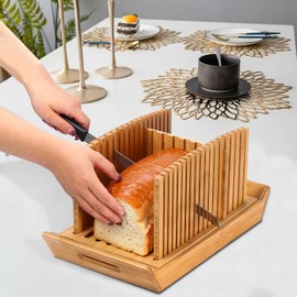 Kiss Core Bread Slicer for Homemade Bread, Bamboo Loaf Cutter with Knife and Crumb Catcher, Adjustable Foldable and Compact Cutting Guide 3 Size Slicing Guide