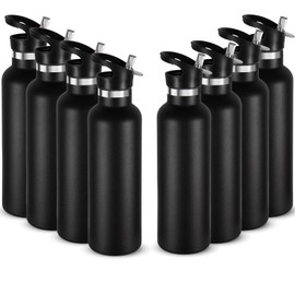 Neihepal 24oz Insulated Water Bottles Bulk 8 Pack,Stainless Steel Double Wall Sport Bottle with Straw Lid,Metal Cup Reusable Thermoses with Hand Cap for School,Cyclists,Hikers,Gift (Black,8 Count)