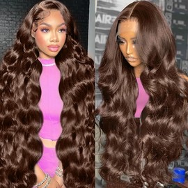 PIOGH 32 Inch Chocolate Brown Lace Front Wig Human Hair 13X6 Body Wave Lace Front Wigs Human Hair Pre Plucked 180 Density Colored Glueless 13X6 HD Lace Frontal Brown Wig Human Hair for Women