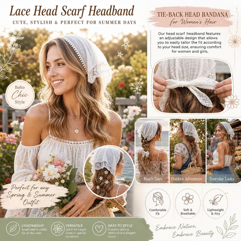 2 Pack Lace Head Scarf for Women Hair Scarf Bandana