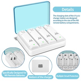 DTianSir Wii Remote Battery Charger,4 in 1 Charging Station with 4 Pack 2800mAh Rechargeable Battery,USB Cable for Wii/Wii U Remote Controller (White)