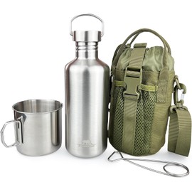 Canteen - Botella de agua de una sola pared de 42 onzas con taza de camping anidada de 24 onzas y bolsa de transporte, acero inoxidable, equipo Bushcraft, botella de agua de boca ancha, equipo