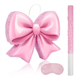 JOARHONAL Pink Bow Piata - Watercolor Pink Bow Piata with Blindfold and Bat for Girls Kids' Birthday Party Decorations (16"x13"x3")