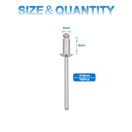 BESTYCHAO 100pcs Aluminium Blind Rivet 4mm x 8mm, Open End Rivet Pop Rivet, Pack of 100 (Silver)