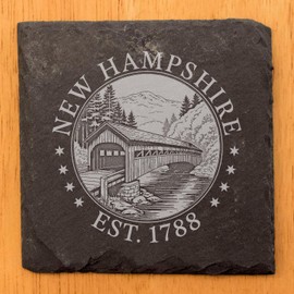 New Hampshire Covered Bridge Slate Coasters Set of 6 - Rustic Mountain River Scene with Vintage State Logo Design - Handcrafted Natural Stone Drink Coasters Made in USA - Housewarming Gift