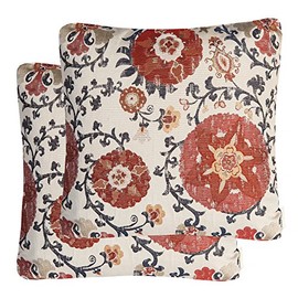 Mika Home Pack of 2 Jacquard Circle Floral Throw Pillow Shell Vintage Cushion Cover for 20X20 Inserts Cream Red