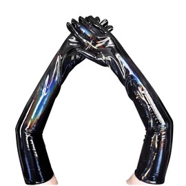 KLVEU Long Black Leather Gloves Shiny Long Black Gloves for Women Costume Cosplay Party(B-3XL)