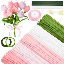 HairChrysm 250Pcs Pipe Cleaners Craft with 20Pcs 11.8in Flower Stems,100Pcs Flower Stamens,2Pcs Floral Tape,1 Roll Ribbon for DIY Pipe Cleaner Flowers