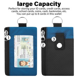 ZHOMA Minimalist RFID Wallet with Lanyard, Multi-Functional ID Case with 2 Zipper Pockets and Key Chain for Men and Women, Tactical Badge Pouch Cards Holder, Coin Purse for Travel Sports-Black+Blue