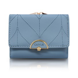 Funincrea Small Wallets Woman, Faux Leather Trifold Ladies Wallet Kiss Lock Coin Purse for Women with 5 Card Slots and Metal Snap Closure (Blue)