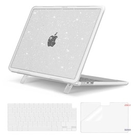 MOSISO Compatible with MacBook Air 13 inch Case 2025 2024 2023 2022 M3 A3113 M2 A2681, Heavy Duty Shockproof Sparkly Glitter Hard Case with Fold Kickstand&Keyboard Cover&Screen Protector, Transparent