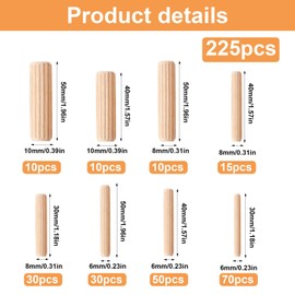 225 Pcs Wooden Dowels Assorted, M6 M8 M10 Wood Dowels Plugs, Round Hardwood Dowling Rods Grooved Plugs Dowel Rods, Wood Dowel Pins for Furniture Woodwork Fluted DIY Crafting