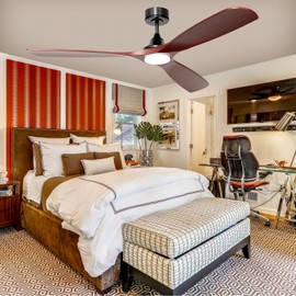 60 Inch Ceiling Fan with Lights, Solid Wood Blades Smart Ceiling Fan with Remote and App Controls, ETL Quiet DC Motor 6 Speed, Timing, High CFM, Dimmable LED Light for Home Office, Black + Red Walnut