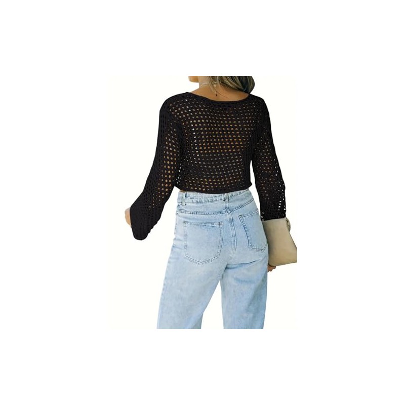 Womens Crochet Crop Top Long Sleeve See Through Hollow Out