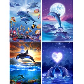 UNIVERTEN Diamond Painting Set, 4 Diamond Pictures, DIY 5D Painting Children Adults, Painting Kits, Crystal-like Cross Stitch Set for Home Wall Décor, Dolphin (30 x 40 cm)