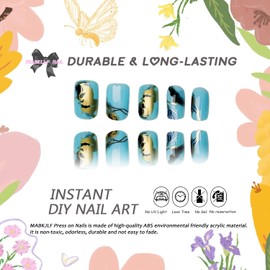 Medium Press on Nails Square MABKJLF Fake Nails Blue False Nails with Marble Ink Gold Foil Designs Full Cover Glossy Glue on Nail Acrylic Nail for Women Girls 24Pcs