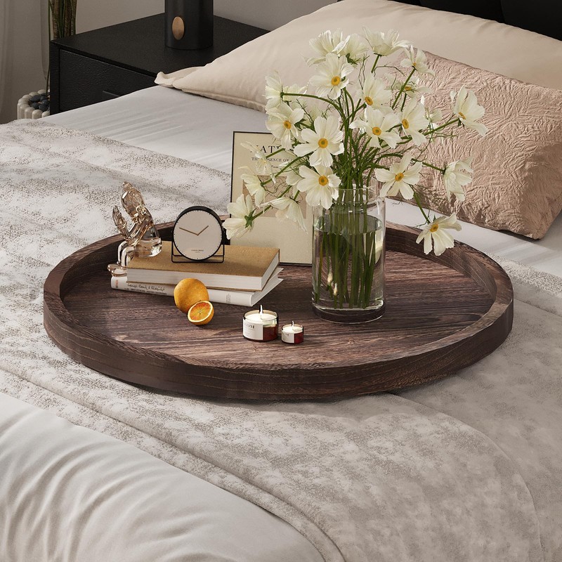 Round Ottoman Tray for Coffee Table Living Room Wood Serving
