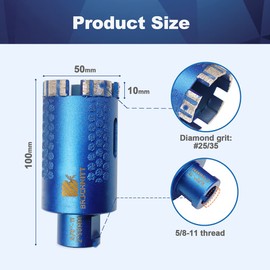 Diamond Core Drill Bit,BRSCHNITT 2 Inch Laser Welded Diamond Hole Saw with 5/8-11 Thread for Granite Marble Solid Block Stone Reinforced Concrete,Dry or Wet Drilling (50mm)