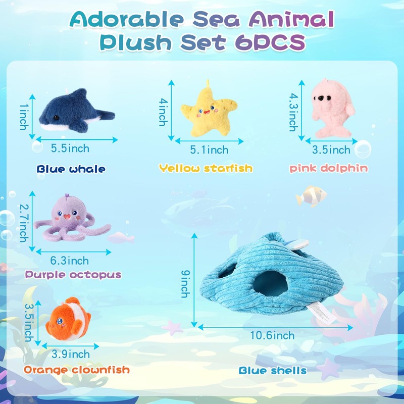 MIAODAM Ocean Sea Stuffed Animal Plush Set, 6Pcs Soft Sea