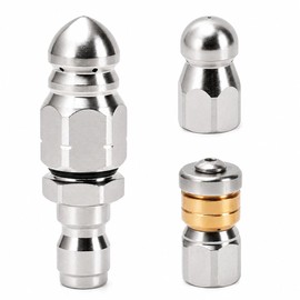 Sewer Jetter Nozzle Kit, 3-Pack Stainless Steel Jet Nozzles with Rotating, Button Nose, and Fixed Models, 1/4” Quick Connect, Up to 5000 PSI for Pressure Washer Drain Cleaning