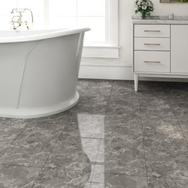 ZRJT 20-Pack 20 Sq.Ft Peel and Stick Floor Tiles Vinyl Polish Pattern Flooring, 12” x 12” Self Adhesive Vinyl Flooring DIY for Kitchen, Bathroom, Laundry, Polish Dark Grey Marble