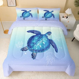 QOOMO Turtle Comforter Twin Size, Ocean Bedding Set for Kids Teens Girls Boys, 3Pcs Printed Comforter with 2 Pillowcases, Down Alternative, Soft and Lightweight (Blue, Twin Size)
