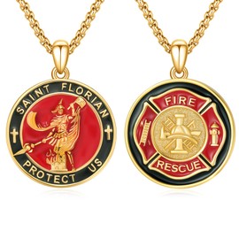 XIXLES Saint Florian Necklace 925 Sterling Silver Red Fire Fighter Medal Pendant,Patron St Florian Firefighter Jewelry for Men with 22 in Chain