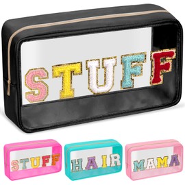 izuzta Bolsa de maquillaje Preppy Patch, bolsas de maquillaje transparentes con cierre, STUFF-Negro