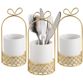 JUXYES Ceramic Silverware Holder For Tabletop, White Cutlery Holder With Golden Metal Bracket, Decorative Flatware Holder Countertop Utensil Holder Organizer for Wedding Kitchen Dining Tables
