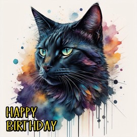 Watercolour Black Cat Happy Birthday Card 145 x 145mm