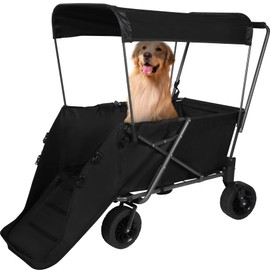REDCAMP Folding Utility Heavy Duty Wagons Carts with Extendable Rear and Canopy, 220L Adjustable Collapsible Dog Wagon Cart Foldable with Tailgate for Camping Shopping Sports Gardeing Fishing, Black